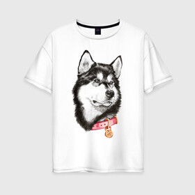 Женская футболка хлопок Oversize с принтом Маламут в Кировске, 100% хлопок | свободный крой, круглый ворот, спущенный рукав, длина до линии бедер
 | аляска | карандаш | маламут | рисунок | собака | хаски