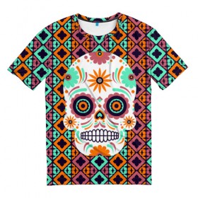 Мужская футболка 3D с принтом Цветочный череп в Кировске, 100% полиэфир | прямой крой, круглый вырез горловины, длина до линии бедер | skull | мексика | орнамент | узоры | цветы | череп