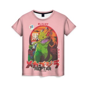 Женская футболка 3D с принтом Годзилла в Кировске, 100% полиэфир ( синтетическое хлопкоподобное полотно) | прямой крой, круглый вырез горловины, длина до линии бедер | lizard | raptor | reptar | t rex  dino | годзила | годзилла | динозавр | иероглифы | монстр | япония | ящер