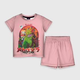 Детский костюм с шортами 3D с принтом Годзилла в Кировске,  |  | lizard | raptor | reptar | t rex  dino | годзила | годзилла | динозавр | иероглифы | монстр | япония | ящер