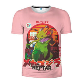 Мужская футболка 3D спортивная с принтом Годзилла в Кировске, 100% полиэстер с улучшенными характеристиками | приталенный силуэт, круглая горловина, широкие плечи, сужается к линии бедра | lizard | raptor | reptar | t rex  dino | годзила | годзилла | динозавр | иероглифы | монстр | япония | ящер