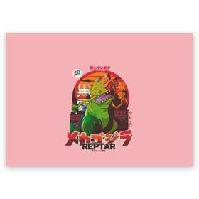 Поздравительная открытка с принтом Годзилла в Кировске, 100% бумага | плотность бумаги 280 г/м2, матовая, на обратной стороне линовка и место для марки
 | lizard | raptor | reptar | t rex  dino | годзила | годзилла | динозавр | иероглифы | монстр | япония | ящер