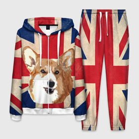 Мужской костюм 3D с принтом Королевский корги в Кировске, 100% полиэстер | Манжеты и пояс оформлены тканевой резинкой, двухслойный капюшон со шнурком для регулировки, карманы спереди | англия | великобритания | вельш корги | корги | корги пемброк | королева | пемброк | собака | флаг