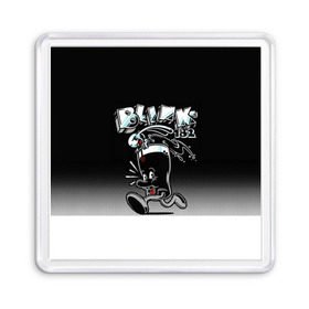 Магнит 55*55 с принтом Заяц в стакане Blink-182 в Кировске, Пластик | Размер: 65*65 мм; Размер печати: 55*55 мм | blink | альтернативный рок | блинк | группа | марк хоппус | музыка | мэтт скиба | надпись | панк | панк рок | песни | поп панк | рок | скейт панк | смайл | смайлик | трэвис баркер