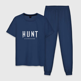 Мужская пижама хлопок с принтом Hunt: Showdown White Logo в Кировске, 100% хлопок | брюки и футболка прямого кроя, без карманов, на брюках мягкая резинка на поясе и по низу штанин
 | Тематика изображения на принте: crytek | game | hunt | hunt: showdown | hunter | monsters | showdown | игра | крайтек | охота | столкновение