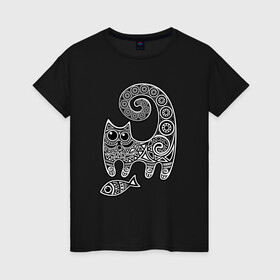 Женская футболка хлопок с принтом Кот3 в Кировске, 100% хлопок | прямой крой, круглый вырез горловины, длина до линии бедер, слегка спущенное плечо |  кот | котик | рыба | узор | узоры