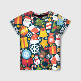 Детская футболка 3D с принтом Новогодний набор в Кировске, 100% гипоаллергенный полиэфир | прямой крой, круглый вырез горловины, длина до линии бедер, чуть спущенное плечо, ткань немного тянется | new year | елка | новый год | подарок | снеговик | снежинка