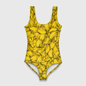 Купальник-боди 3D с принтом Бананы в Кировске, 82% полиэстер, 18% эластан | Круглая горловина, круглый вырез на спине | Тематика изображения на принте: banana | vegan | банан | веган | желтый | паттерн | текстура | фрукт