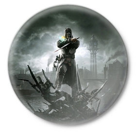 Значок с принтом Dishonored 2 в Кировске,  металл | круглая форма, металлическая застежка в виде булавки | dunwall | дануолл | корво аттано