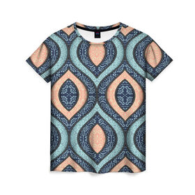 Женская футболка 3D с принтом Восточные узоры в Кировске, 100% полиэфир ( синтетическое хлопкоподобное полотно) | прямой крой, круглый вырез горловины, длина до линии бедер | бежевый | кружево | мода | модные | синий | узоры | цвет | цветные | яркие