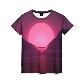 Женская футболка 3D с принтом Cyber Sun в Кировске, 100% полиэфир ( синтетическое хлопкоподобное полотно) | прямой крой, круглый вырез горловины, длина до линии бедер | cyber | голограмма | горы | кибер | модные | полосы | ретро | свет | солнце | яркие