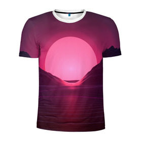 Мужская футболка 3D спортивная с принтом Cyber Sun в Кировске, 100% полиэстер с улучшенными характеристиками | приталенный силуэт, круглая горловина, широкие плечи, сужается к линии бедра | cyber | голограмма | горы | кибер | модные | полосы | ретро | свет | солнце | яркие