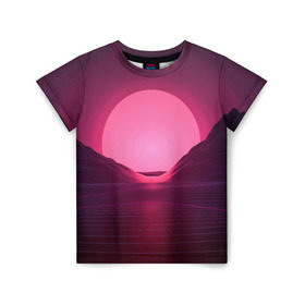Детская футболка 3D с принтом Cyber Sun в Кировске, 100% гипоаллергенный полиэфир | прямой крой, круглый вырез горловины, длина до линии бедер, чуть спущенное плечо, ткань немного тянется | cyber | голограмма | горы | кибер | модные | полосы | ретро | свет | солнце | яркие