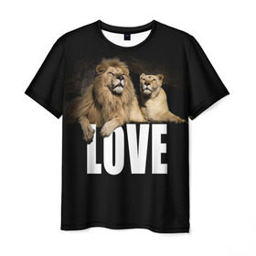 Мужская футболка 3D с принтом LOVE в Кировске, 100% полиэфир | прямой крой, круглый вырез горловины, длина до линии бедер | влюблённые | дикая кошка | животные | лев | львица | любовь | пара | природа | свадьба