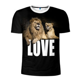 Мужская футболка 3D спортивная с принтом LOVE в Кировске, 100% полиэстер с улучшенными характеристиками | приталенный силуэт, круглая горловина, широкие плечи, сужается к линии бедра | влюблённые | дикая кошка | животные | лев | львица | любовь | пара | природа | свадьба
