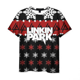 Мужская футболка 3D с принтом Праздничный Linkin Park в Кировске, 100% полиэфир | прямой крой, круглый вырез горловины, длина до линии бедер | b | chester | linkin park | альтернативный метал | альтернативный рок | беннингтон | группа | знак | красный | линкин парк | музыкант | надпись | новогодний | новый год | ню метал | певец | праздник | рождество