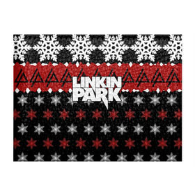 Обложка для студенческого билета с принтом Праздничный Linkin Park в Кировске, натуральная кожа | Размер: 11*8 см; Печать на всей внешней стороне | Тематика изображения на принте: b | chester | linkin park | альтернативный метал | альтернативный рок | беннингтон | группа | знак | красный | линкин парк | музыкант | надпись | новогодний | новый год | ню метал | певец | праздник | рождество