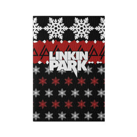 Обложка для паспорта матовая кожа с принтом Праздничный Linkin Park в Кировске, натуральная матовая кожа | размер 19,3 х 13,7 см; прозрачные пластиковые крепления | Тематика изображения на принте: b | chester | linkin park | альтернативный метал | альтернативный рок | беннингтон | группа | знак | красный | линкин парк | музыкант | надпись | новогодний | новый год | ню метал | певец | праздник | рождество