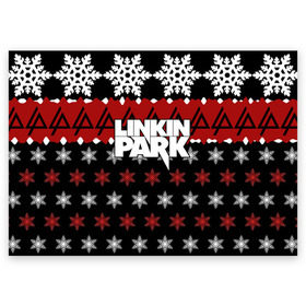 Поздравительная открытка с принтом Праздничный Linkin Park в Кировске, 100% бумага | плотность бумаги 280 г/м2, матовая, на обратной стороне линовка и место для марки
 | Тематика изображения на принте: b | chester | linkin park | альтернативный метал | альтернативный рок | беннингтон | группа | знак | красный | линкин парк | музыкант | надпись | новогодний | новый год | ню метал | певец | праздник | рождество