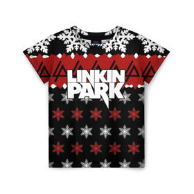 Детская футболка 3D с принтом Праздничный Linkin Park в Кировске, 100% гипоаллергенный полиэфир | прямой крой, круглый вырез горловины, длина до линии бедер, чуть спущенное плечо, ткань немного тянется | Тематика изображения на принте: b | chester | linkin park | альтернативный метал | альтернативный рок | беннингтон | группа | знак | красный | линкин парк | музыкант | надпись | новогодний | новый год | ню метал | певец | праздник | рождество