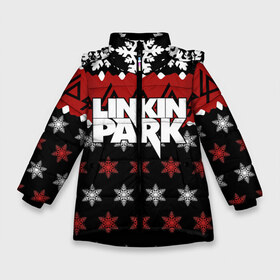 Зимняя куртка для девочек 3D с принтом Праздничный Linkin Park в Кировске, ткань верха — 100% полиэстер; подклад — 100% полиэстер, утеплитель — 100% полиэстер. | длина ниже бедра, удлиненная спинка, воротник стойка и отстегивающийся капюшон. Есть боковые карманы с листочкой на кнопках, утяжки по низу изделия и внутренний карман на молнии. 

Предусмотрены светоотражающий принт на спинке, радужный светоотражающий элемент на пуллере молнии и на резинке для утяжки. | b | chester | linkin park | альтернативный метал | альтернативный рок | беннингтон | группа | знак | красный | линкин парк | музыкант | надпись | новогодний | новый год | ню метал | певец | праздник | рождество