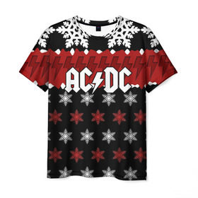 Мужская футболка 3D с принтом Праздничный AC/DC в Кировске, 100% полиэфир | прямой крой, круглый вырез горловины, длина до линии бедер | ac dc | acdc | for those about to ro | австралийская | ангус янг | блюз рок | головы | группа | знак | красный | крис слэйд | музыканты | надпись | новогодний | новый год | певцы | праздник | рождество | рок | рок н ролл