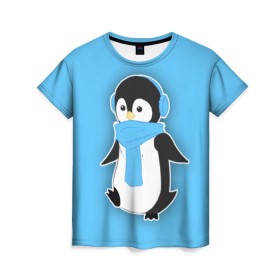 Женская футболка 3D с принтом Penguin blue в Кировске, 100% полиэфир ( синтетическое хлопкоподобное полотно) | прямой крой, круглый вырез горловины, длина до линии бедер | blue | cartoon | penguin | милый | мультик | мультфильм | пингвин | рисунок