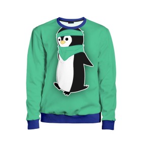 Детский свитшот 3D с принтом Penguin green в Кировске, 100% полиэстер | свободная посадка, прямой крой, мягкая тканевая резинка на рукавах и понизу свитшота | Тематика изображения на принте: cartoon | green | penguin | зеленый | милый | мультик | мультфильм | пингвин | рисунок