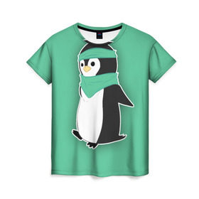 Женская футболка 3D с принтом Penguin green в Кировске, 100% полиэфир ( синтетическое хлопкоподобное полотно) | прямой крой, круглый вырез горловины, длина до линии бедер | cartoon | green | penguin | зеленый | милый | мультик | мультфильм | пингвин | рисунок