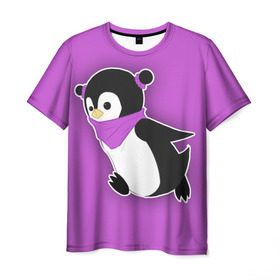 Мужская футболка 3D с принтом Penguin purple в Кировске, 100% полиэфир | прямой крой, круглый вырез горловины, длина до линии бедер | Тематика изображения на принте: cartoon | penguin | purple | милый | мультик | мультфильм | пингвин | рисунок | фиолетовый