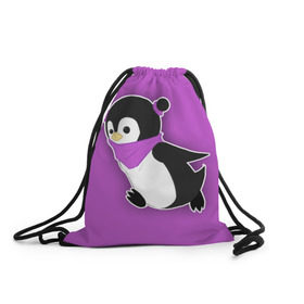 Рюкзак-мешок 3D с принтом Penguin purple в Кировске, 100% полиэстер | плотность ткани — 200 г/м2, размер — 35 х 45 см; лямки — толстые шнурки, застежка на шнуровке, без карманов и подкладки | cartoon | penguin | purple | милый | мультик | мультфильм | пингвин | рисунок | фиолетовый