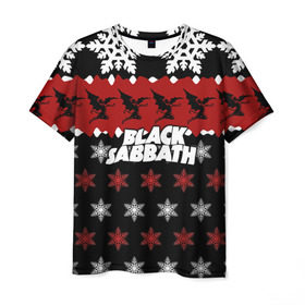Мужская футболка 3D с принтом Праздничный Black Sabbath в Кировске, 100% полиэфир | прямой крой, круглый вырез горловины, длина до линии бедер | Тематика изображения на принте: black sabbath | группа | новогодний | новый год | рождество | свитер | снежинки | хард рок | хеви метал