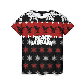 Женская футболка 3D с принтом Праздничный Black Sabbath в Кировске, 100% полиэфир ( синтетическое хлопкоподобное полотно) | прямой крой, круглый вырез горловины, длина до линии бедер | black sabbath | группа | новогодний | новый год | рождество | свитер | снежинки | хард рок | хеви метал