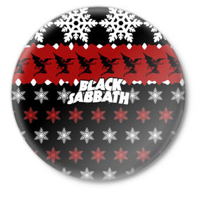 Значок с принтом Праздничный Black Sabbath в Кировске,  металл | круглая форма, металлическая застежка в виде булавки | black sabbath | группа | новогодний | новый год | рождество | свитер | снежинки | хард рок | хеви метал