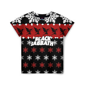 Детская футболка 3D с принтом Праздничный Black Sabbath в Кировске, 100% гипоаллергенный полиэфир | прямой крой, круглый вырез горловины, длина до линии бедер, чуть спущенное плечо, ткань немного тянется | black sabbath | группа | новогодний | новый год | рождество | свитер | снежинки | хард рок | хеви метал