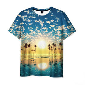 Мужская футболка 3D с принтом Туристический Рай в Кировске, 100% полиэфир | прямой крой, круглый вырез горловины, длина до линии бедер | Тематика изображения на принте: блик | вода | волна | восход | закат | море | небо | облако | отблеск | отпуск | отражение | пальма | солнце | турист