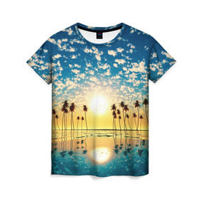 Женская футболка 3D с принтом Туристический Рай в Кировске, 100% полиэфир ( синтетическое хлопкоподобное полотно) | прямой крой, круглый вырез горловины, длина до линии бедер | блик | вода | волна | восход | закат | море | небо | облако | отблеск | отпуск | отражение | пальма | солнце | турист