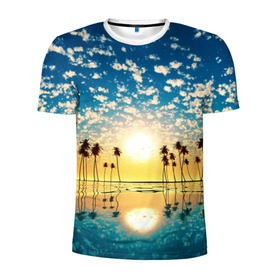 Мужская футболка 3D спортивная с принтом Туристический Рай в Кировске, 100% полиэстер с улучшенными характеристиками | приталенный силуэт, круглая горловина, широкие плечи, сужается к линии бедра | Тематика изображения на принте: блик | вода | волна | восход | закат | море | небо | облако | отблеск | отпуск | отражение | пальма | солнце | турист