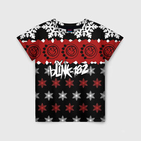 Детская футболка 3D с принтом Праздничный Blink-182 в Кировске, 100% гипоаллергенный полиэфир | прямой крой, круглый вырез горловины, длина до линии бедер, чуть спущенное плечо, ткань немного тянется | blink | альтернативный рок | блинк | группа | знак | красный | марк хоппус | музыка | мэтт скиба | надпись | новогодний | новый год | панк | панк рок | песни | поп панк | праздник | рождество | рок