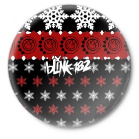 Значок с принтом Праздничный Blink-182 в Кировске,  металл | круглая форма, металлическая застежка в виде булавки | blink | альтернативный рок | блинк | группа | знак | красный | марк хоппус | музыка | мэтт скиба | надпись | новогодний | новый год | панк | панк рок | песни | поп панк | праздник | рождество | рок