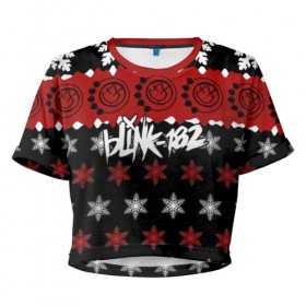 Женская футболка 3D укороченная с принтом Праздничный Blink-182 в Кировске, 100% полиэстер | круглая горловина, длина футболки до линии талии, рукава с отворотами | blink | альтернативный рок | блинк | группа | знак | красный | марк хоппус | музыка | мэтт скиба | надпись | новогодний | новый год | панк | панк рок | песни | поп панк | праздник | рождество | рок