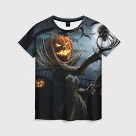 Женская футболка 3D с принтом Jack в Кировске, 100% полиэфир ( синтетическое хлопкоподобное полотно) | прямой крой, круглый вырез горловины, длина до линии бедер | halloween | pumpkin | witch | ведьма | демон | кот | тыква | хэллоуин | череп