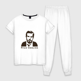 Женская пижама хлопок с принтом Ryan Gosling в Кировске, 100% хлопок | брюки и футболка прямого кроя, без карманов, на брюках мягкая резинка на поясе и по низу штанин | ryan gosling | райан гослинг