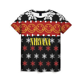 Женская футболка 3D с принтом Nirvana праздничный в Кировске, 100% полиэфир ( синтетическое хлопкоподобное полотно) | прямой крой, круглый вырез горловины, длина до линии бедер | cobain | kurt | nirvana | альтернативный | боритон | гранж | группа | дональд | знак | кобейн | красный | крист новоселич | курт | музыка | музыкант | надпись | нирвана | новогодний | новый год | певец | праздник