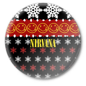 Значок с принтом Nirvana праздничный в Кировске,  металл | круглая форма, металлическая застежка в виде булавки | cobain | kurt | nirvana | альтернативный | боритон | гранж | группа | дональд | знак | кобейн | красный | крист новоселич | курт | музыка | музыкант | надпись | нирвана | новогодний | новый год | певец | праздник