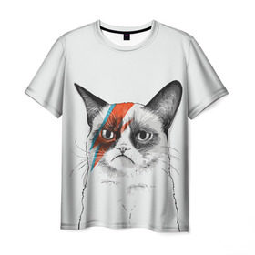 Мужская футболка 3D с принтом Grumpy cat (David Bowie) в Кировске, 100% полиэфир | прямой крой, круглый вырез горловины, длина до линии бедер | бодиарт | грумпи | дэвид боуи | злой кот | интернет | котей | котик | кошка | мем | мемас | мемчик. | молния на лице | рисунок на лице | сердитый