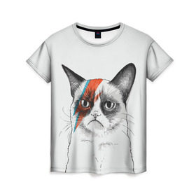 Женская футболка 3D с принтом Grumpy cat (David Bowie) в Кировске, 100% полиэфир ( синтетическое хлопкоподобное полотно) | прямой крой, круглый вырез горловины, длина до линии бедер | бодиарт | грумпи | дэвид боуи | злой кот | интернет | котей | котик | кошка | мем | мемас | мемчик. | молния на лице | рисунок на лице | сердитый