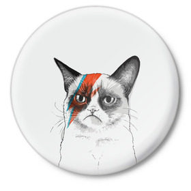 Значок с принтом Grumpy cat (David Bowie) в Кировске,  металл | круглая форма, металлическая застежка в виде булавки | Тематика изображения на принте: бодиарт | грумпи | дэвид боуи | злой кот | интернет | котей | котик | кошка | мем | мемас | мемчик. | молния на лице | рисунок на лице | сердитый