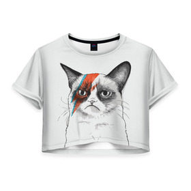 Женская футболка 3D укороченная с принтом Grumpy cat (David Bowie) в Кировске, 100% полиэстер | круглая горловина, длина футболки до линии талии, рукава с отворотами | бодиарт | грумпи | дэвид боуи | злой кот | интернет | котей | котик | кошка | мем | мемас | мемчик. | молния на лице | рисунок на лице | сердитый
