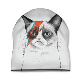 Шапка 3D с принтом Grumpy cat (David Bowie) в Кировске, 100% полиэстер | универсальный размер, печать по всей поверхности изделия | Тематика изображения на принте: бодиарт | грумпи | дэвид боуи | злой кот | интернет | котей | котик | кошка | мем | мемас | мемчик. | молния на лице | рисунок на лице | сердитый